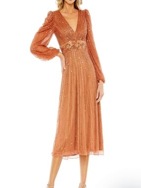 Mac Duggal 5593 Long Sleeve Embellished Knee-Length Dress Cognac Size 4